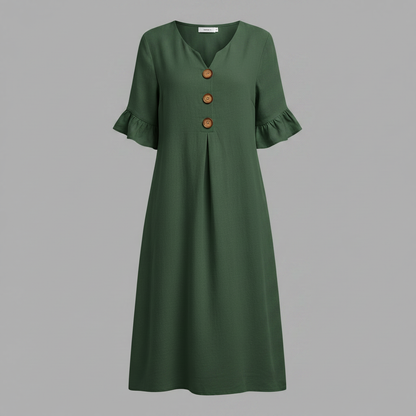 Abito Midi Donna in Lino con Bottoni e Maniche Volant | Abbigliamento Donna