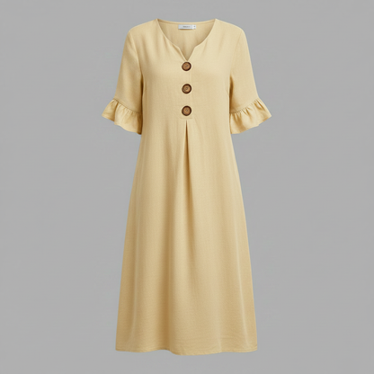 Abito Midi Donna in Lino con Bottoni e Maniche Volant | Abbigliamento Donna