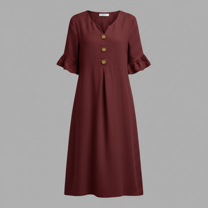 Abito Midi Donna in Lino con Bottoni e Maniche Volant | Abbigliamento Donna