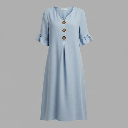 Abito Midi Donna in Lino con Bottoni e Maniche Volant | Abbigliamento Donna