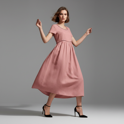 Abito Midi Estivo Donna | Lino con Pizzo e Linea A