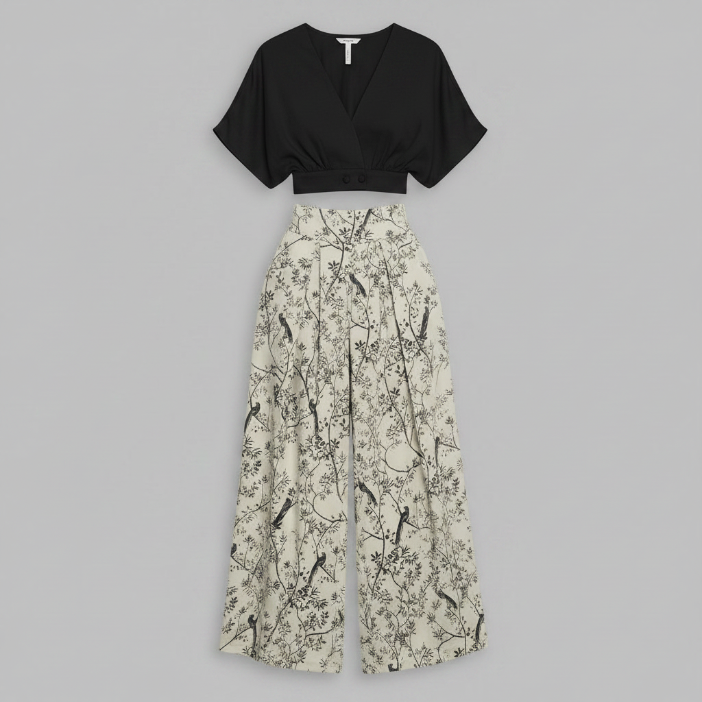 Completo Donna Elegante Stampato | Top Scollo a V e Pantaloni Vita Alta