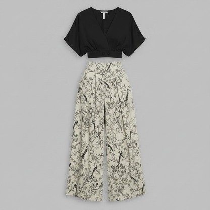Completo Donna Elegante Stampato | Top Scollo a V e Pantaloni Vita Alta