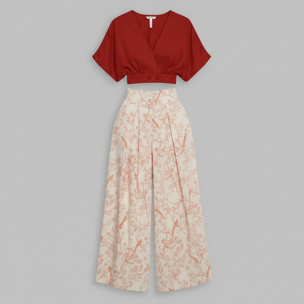 Completo Donna Elegante Stampato | Top Scollo a V e Pantaloni Vita Alta