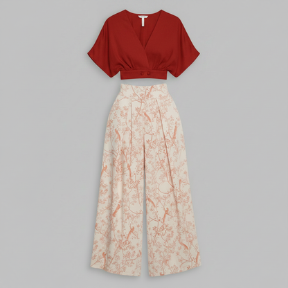 Completo Donna Elegante Stampato | Top Scollo a V e Pantaloni Vita Alta