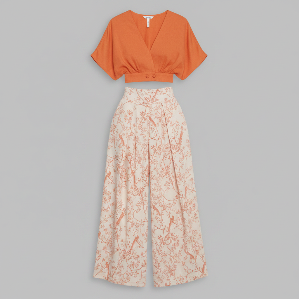 Completo Donna Elegante Stampato | Top Scollo a V e Pantaloni Vita Alta