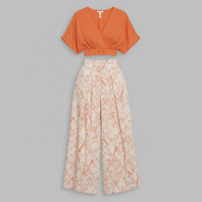 Completo Donna Elegante Stampato | Top Scollo a V e Pantaloni Vita Alta