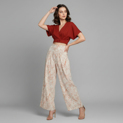 Completo Donna Elegante Stampato | Top Scollo a V e Pantaloni Vita Alta