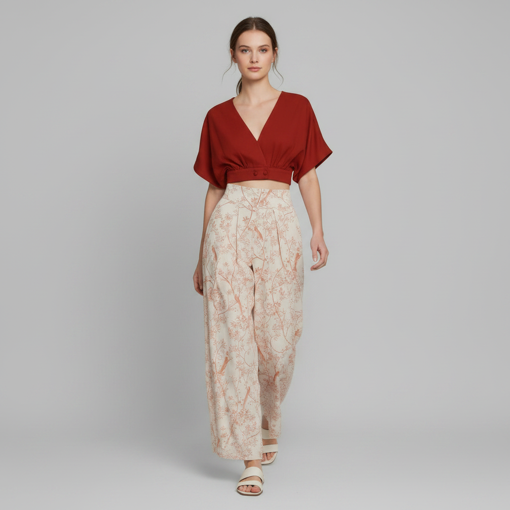 Completo Donna Elegante Stampato | Top Scollo a V e Pantaloni Vita Alta