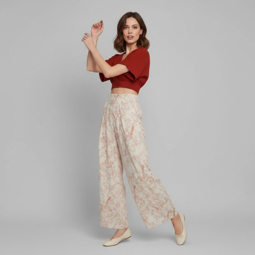 Completo Donna Elegante Stampato | Top Scollo a V e Pantaloni Vita Alta