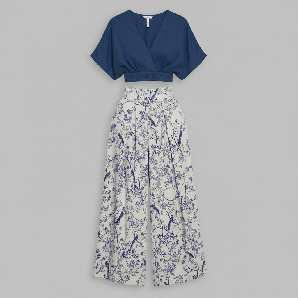 Completo Donna Elegante Stampato | Top Scollo a V e Pantaloni Vita Alta