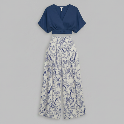 Completo Donna Elegante Stampato | Top Scollo a V e Pantaloni Vita Alta