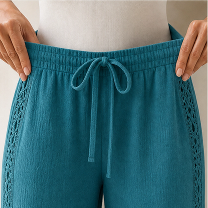 Crochelle Pantaloni da Donna con Bordo all'Uncinetto - Pantaloni Estivi Leggeri a Gamba Dritta con Coulisse e Tasche