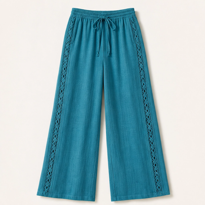Crochelle Pantaloni da Donna con Bordo all'Uncinetto - Pantaloni Estivi Leggeri a Gamba Dritta con Coulisse e Tasche