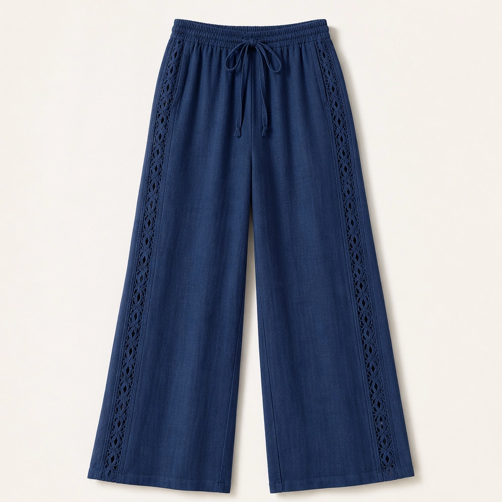 Crochelle Pantaloni da Donna con Bordo all'Uncinetto - Pantaloni Estivi Leggeri a Gamba Dritta con Coulisse e Tasche