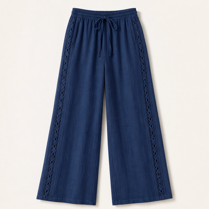 Crochelle Pantaloni da Donna con Bordo all'Uncinetto - Pantaloni Estivi Leggeri a Gamba Dritta con Coulisse e Tasche
