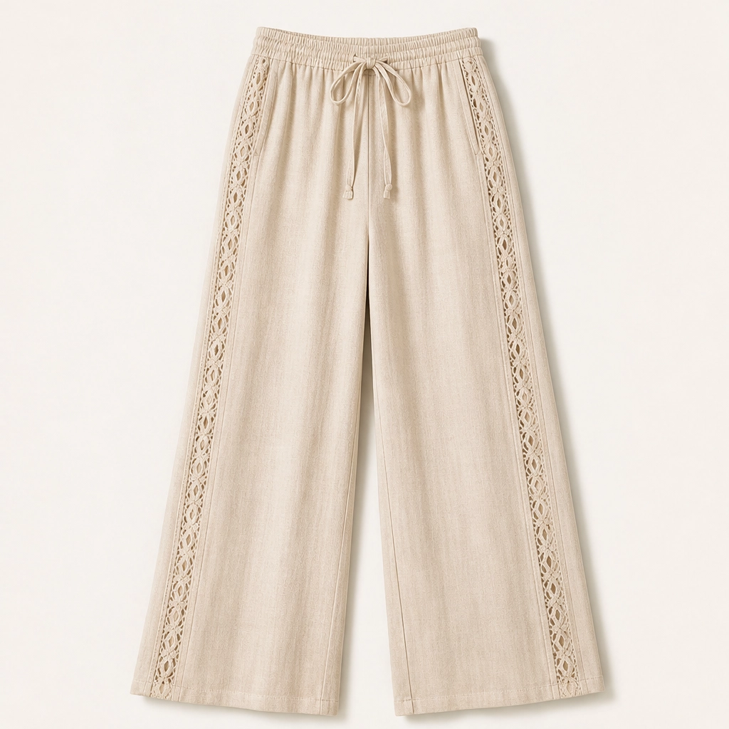 Crochelle Pantaloni da Donna con Bordo all'Uncinetto - Pantaloni Estivi Leggeri a Gamba Dritta con Coulisse e Tasche