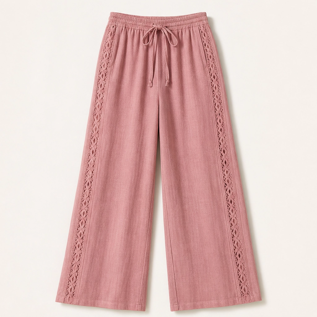 Crochelle Pantaloni da Donna con Bordo all'Uncinetto - Pantaloni Estivi Leggeri a Gamba Dritta con Coulisse e Tasche