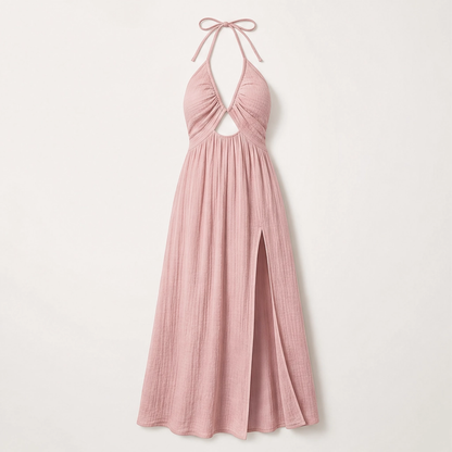 Solenne Abito Lungo da Donna con Scollo all'Americana - Vestito Estivo Schiena Scoperta con Scollo a V e Spacco Alto