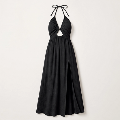 Solenne Abito Lungo da Donna con Scollo all'Americana - Vestito Estivo Schiena Scoperta con Scollo a V e Spacco Alto