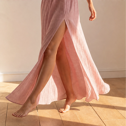 Solenne Abito Lungo da Donna con Scollo all'Americana - Vestito Estivo Schiena Scoperta con Scollo a V e Spacco Alto