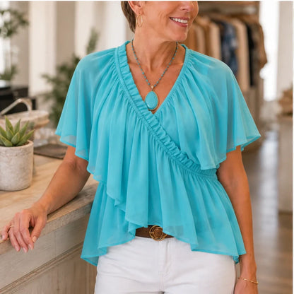 Thalise Blusa in Chiffon da Donna - Top Incrociato con Volant e Maniche ad Aletta