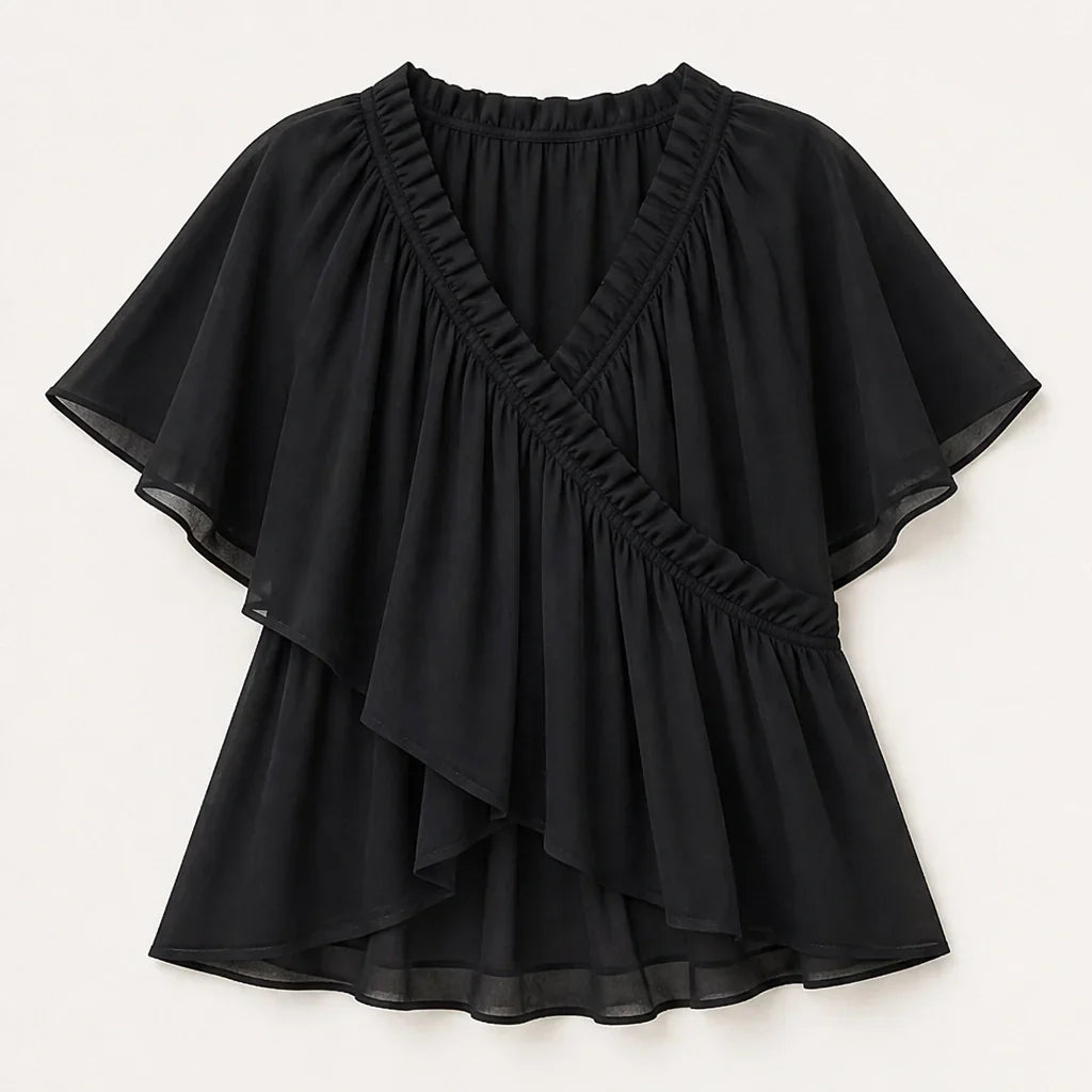 Thalise Blusa in Chiffon da Donna - Top Incrociato con Volant e Maniche ad Aletta