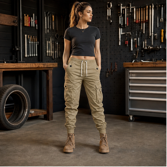Pantaloni Cargo Kaki Donna | Jogger con Tasche Multiple - Vestibilità Comoda e Polsini Elastici lifestyle