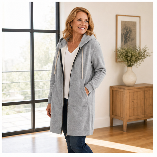 Felpa Lunga Grigia con Cappuccio e Zip | Cardigan Sportivo in Pile Donna - Tasche e Coulisse lifestyle