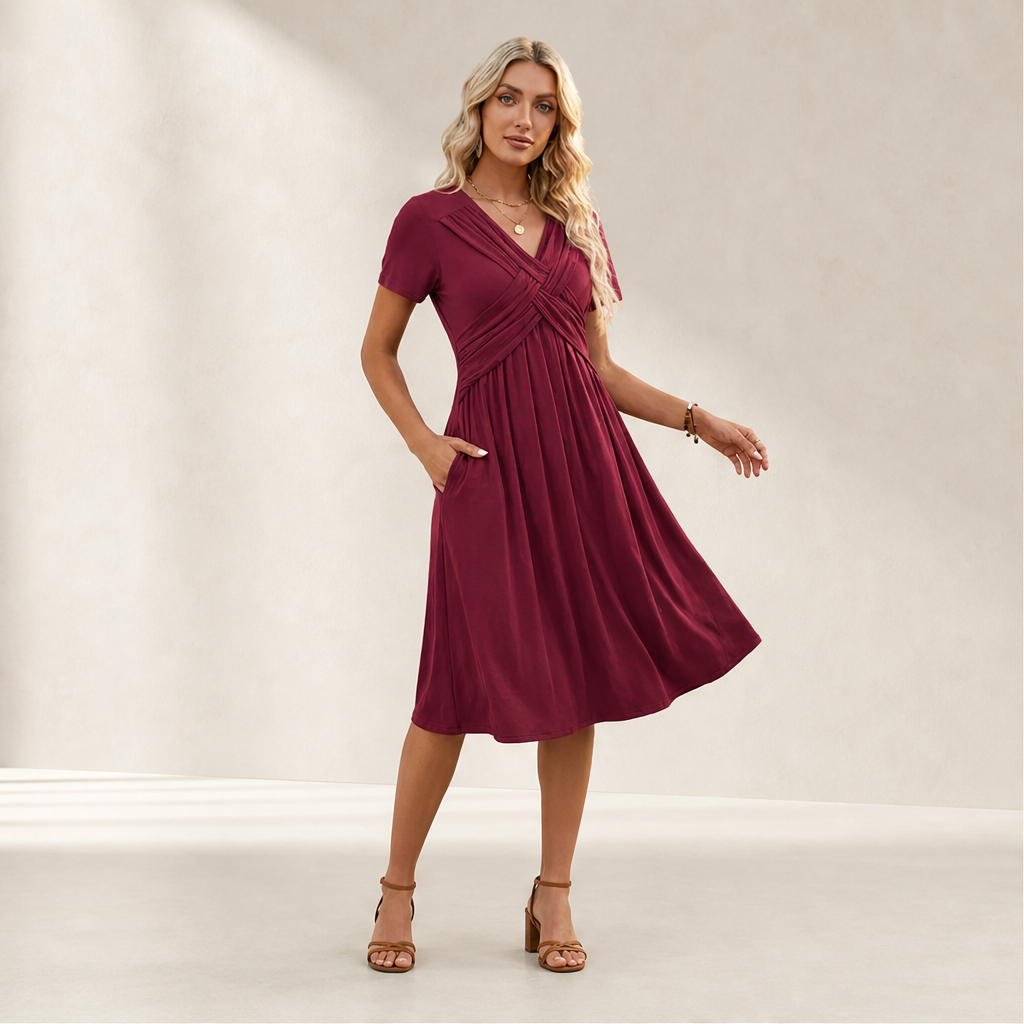 Verona Abito Donna Incrociato con Scollo a V Plissettato Linea ad A con Tasche - Abito Midi a Maniche Corte lifestyle
