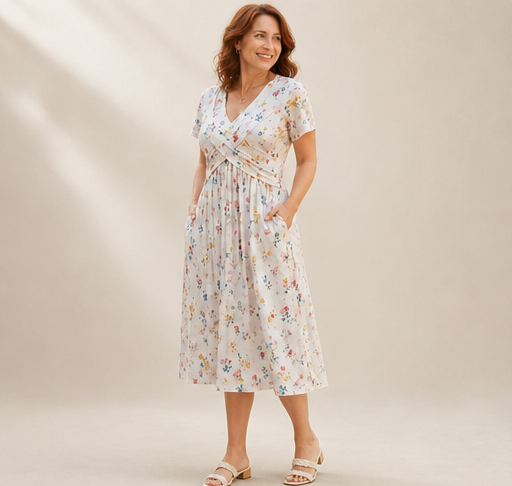 Vestito Midi Floreale a Fiori | Scollo a V con Fascia Incrociata - Vestibilità Slanciante con Tasche lifestyle