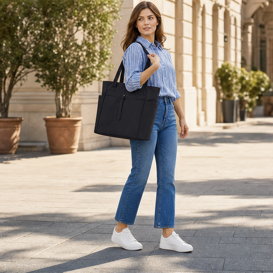 Borsa Tote Nera Grande Capacità | Borsa Shopper Impermeabile da Lavoro e Palestra - Tasca Elastica per Borraccia lifestyle