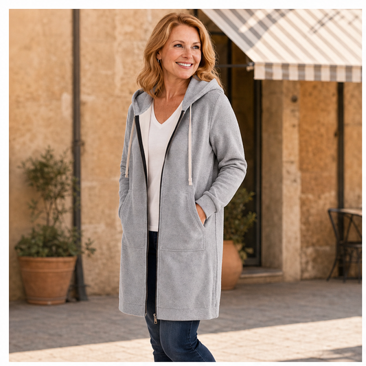 Felpa Lunga con Zip Grigia | Cappotto Felpato Donna con Cappuccio - Effetto Cardigan Lungo Tasche lifestyle