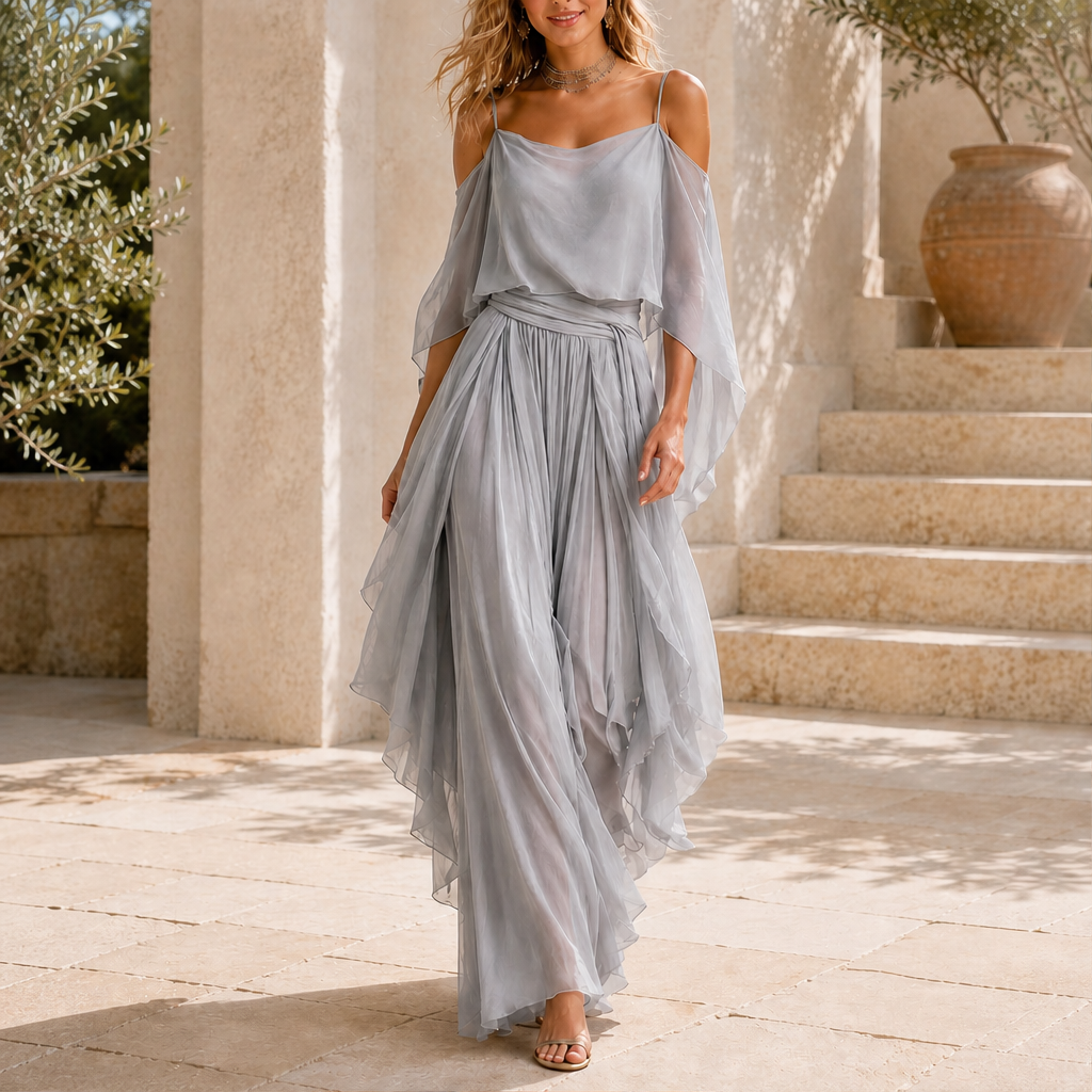 Venalia – Abito Lungo in Chiffon Spalle Scoperte lifestyle
