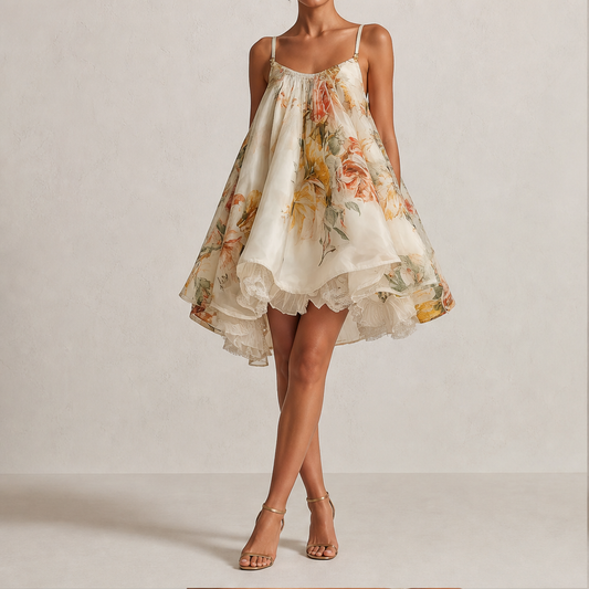 Marielle Miniabito Donna Floreale in Organza Linea ad A con Bordo in Pizzo - Prendisole con Spalline Sottili e Corpetto Arricciato lifestyle