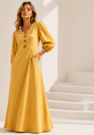 Abito Lungo Scollo a V Maniche a Sbuffo | Vestito Casual Donna in Lino - Bottoni Decorativi lifestyle