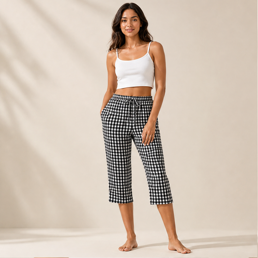 Gingley Pantaloni Capri Donna in Cotone e Lino a Quadretti Vichy con Tasche - Pantaloni Estivi con Vita Elastica e Coulisse lifestyle