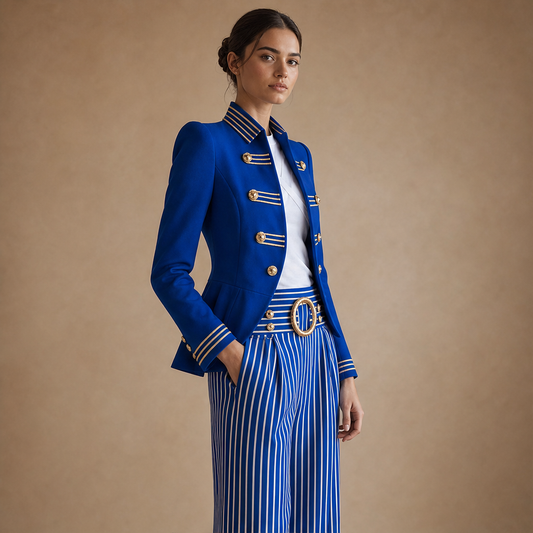Blazer Blu Royal con Passamaneria Dorata | Giacca Elegante Stile Retrò - Vestibilità Aderente lifestyle