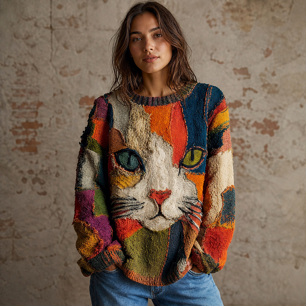 Chaya – Maglione Patchwork Ricamato Faccia di Gatto lifestyle