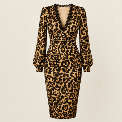 Velmara – Abito Midi Leopardato in Pizzo con Scollo a V Leopard