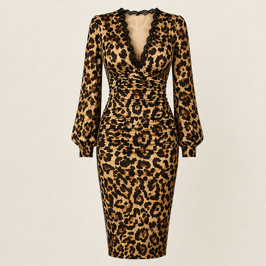 Velmara – Abito Midi Leopardato in Pizzo con Scollo a V Leopard