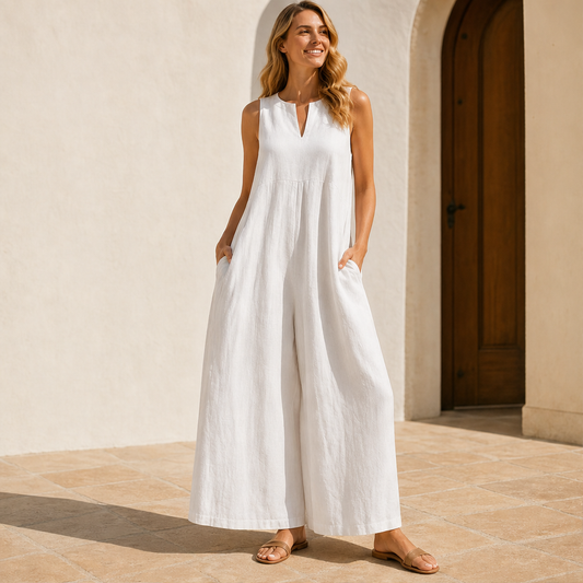 Tuta Bianca Senza Maniche a Gamba Larga | Jumpsuit Scollo a V con Tasche - Effetto Lino Estivo lifestyle