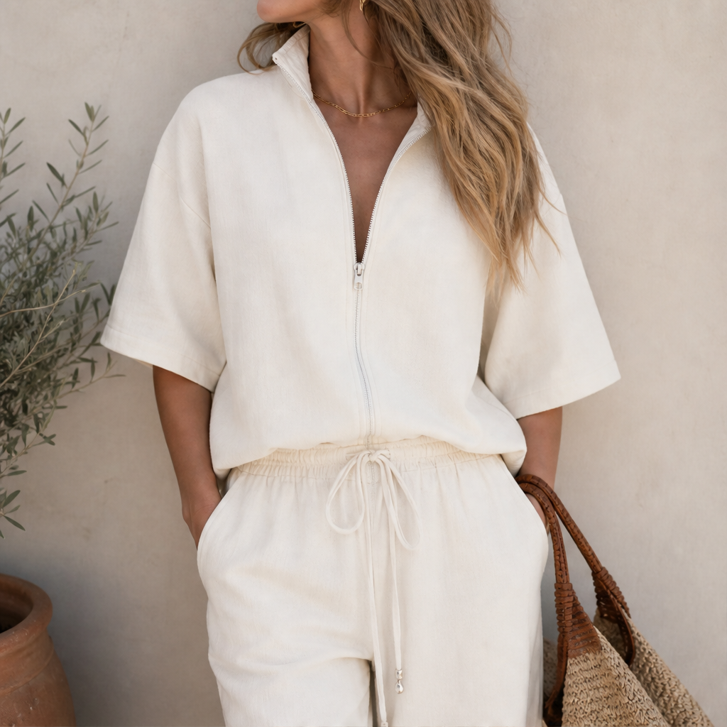 Completo Due Pezzi Color Crema con Top a Collo con Cerniera e Pantaloni | Set Casual da Donna con Pantaloni a Gamba Larga e Coulisse