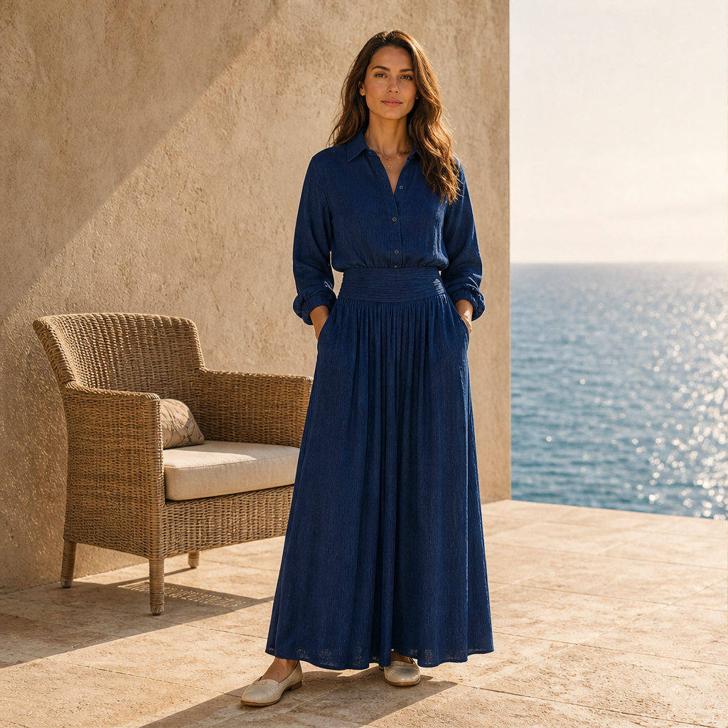 Velmara – Abito Lungo in Similpelle Scamosciata con Tasche lifestyle