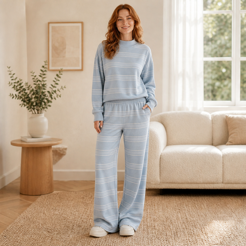 Marielou – Completo a Righe Collo Alto e Pantaloni Larghi lifestyle