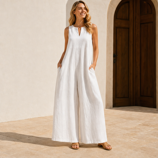 Tuta Bianca Senza Maniche a Gamba Larga | Jumpsuit Scollo a V con Tasche - Misto Lino Estivo lifestyle