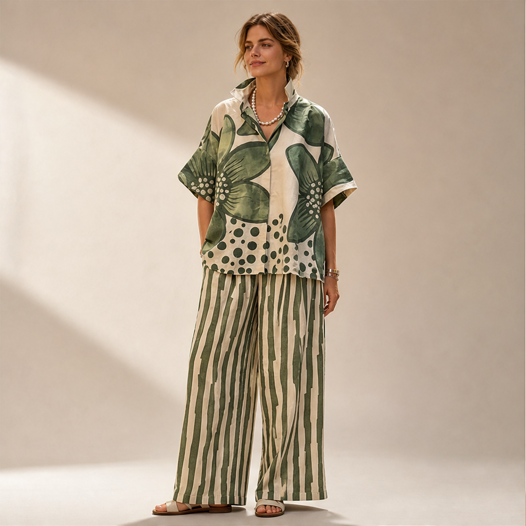 Completo Due Pezzi con Stampa Floreale Verde | Top a Maniche Corte e Pantaloni a Gamba Larga da Donna – Vestibilità Morbida