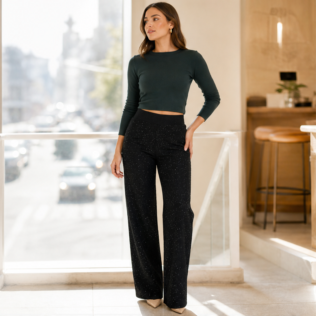 Lucenta – Pantaloni a Gamba Dritta Glitterati Vita Alta lifestyle