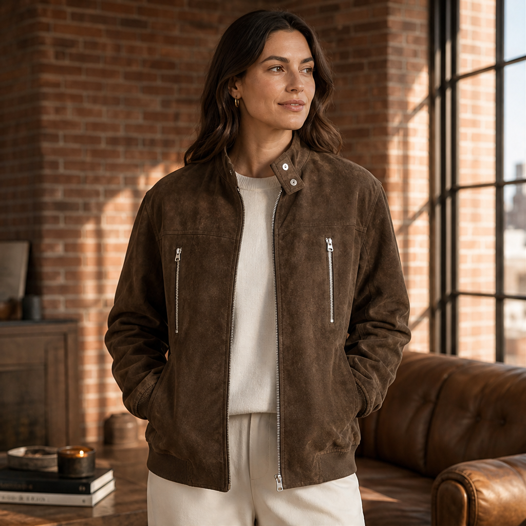 Velmara – Giacca Bomber Scamosciata Collo Coreano lifestyle