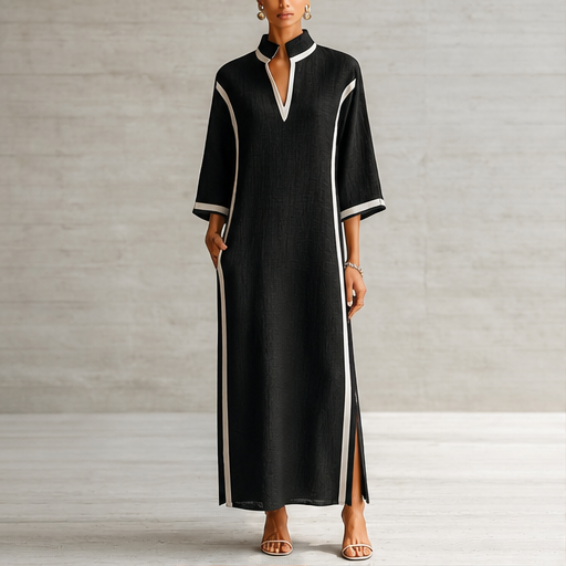 Abito Maxi Nero Colorblock | Vestito Lungo con Collo a Coste e Manica a Tre Quarti - Scollo a V lifestyle